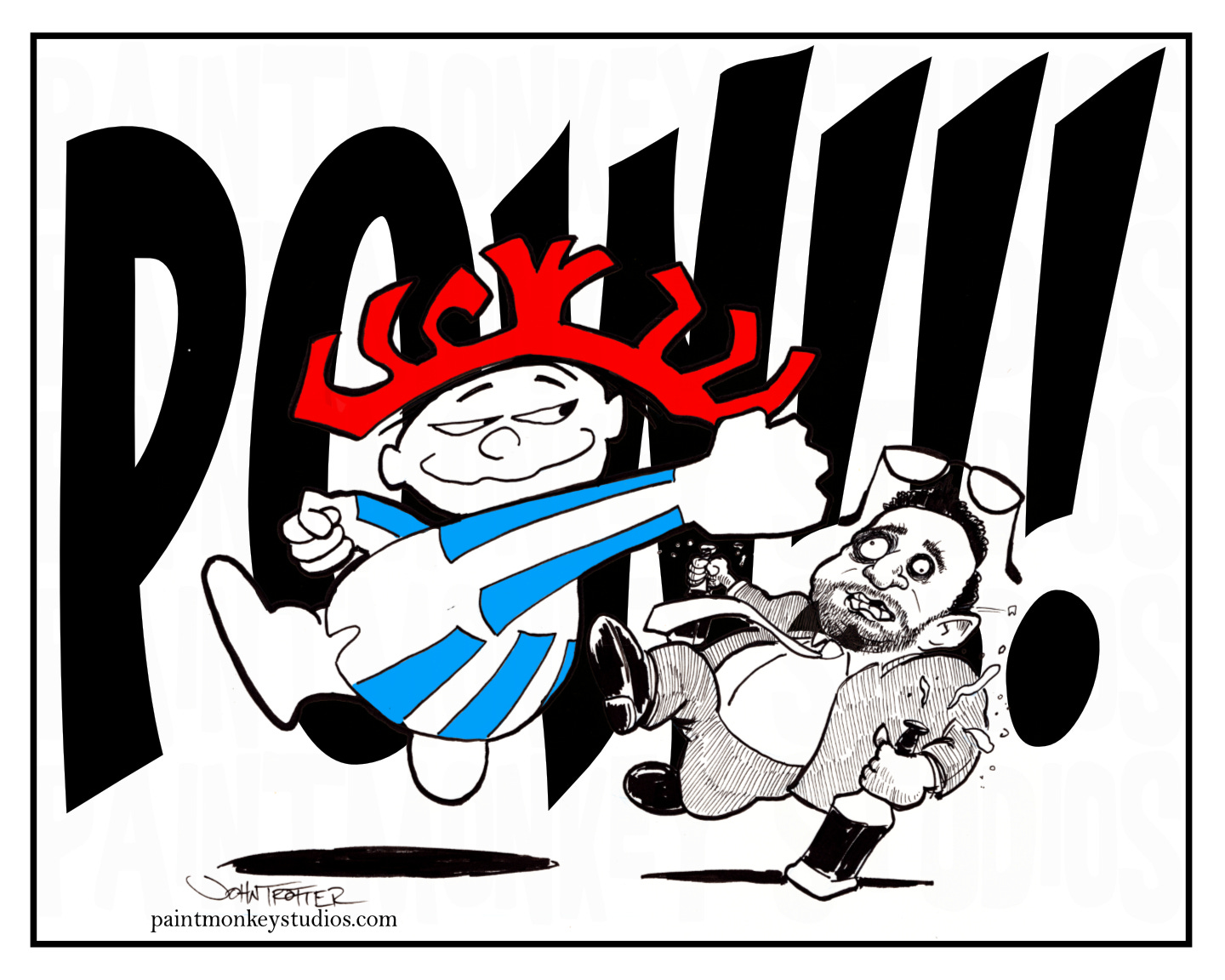 Ink cartoon of Punchy the Hawaiian Punch mascot hitting Kash Patel in the face while he clings to two liquor bottles.