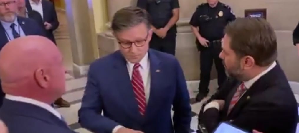 Arizona Sens. Gallego And Kelly Get In Mike Johnson's Face About Not Swearing In Adelita Grijalva