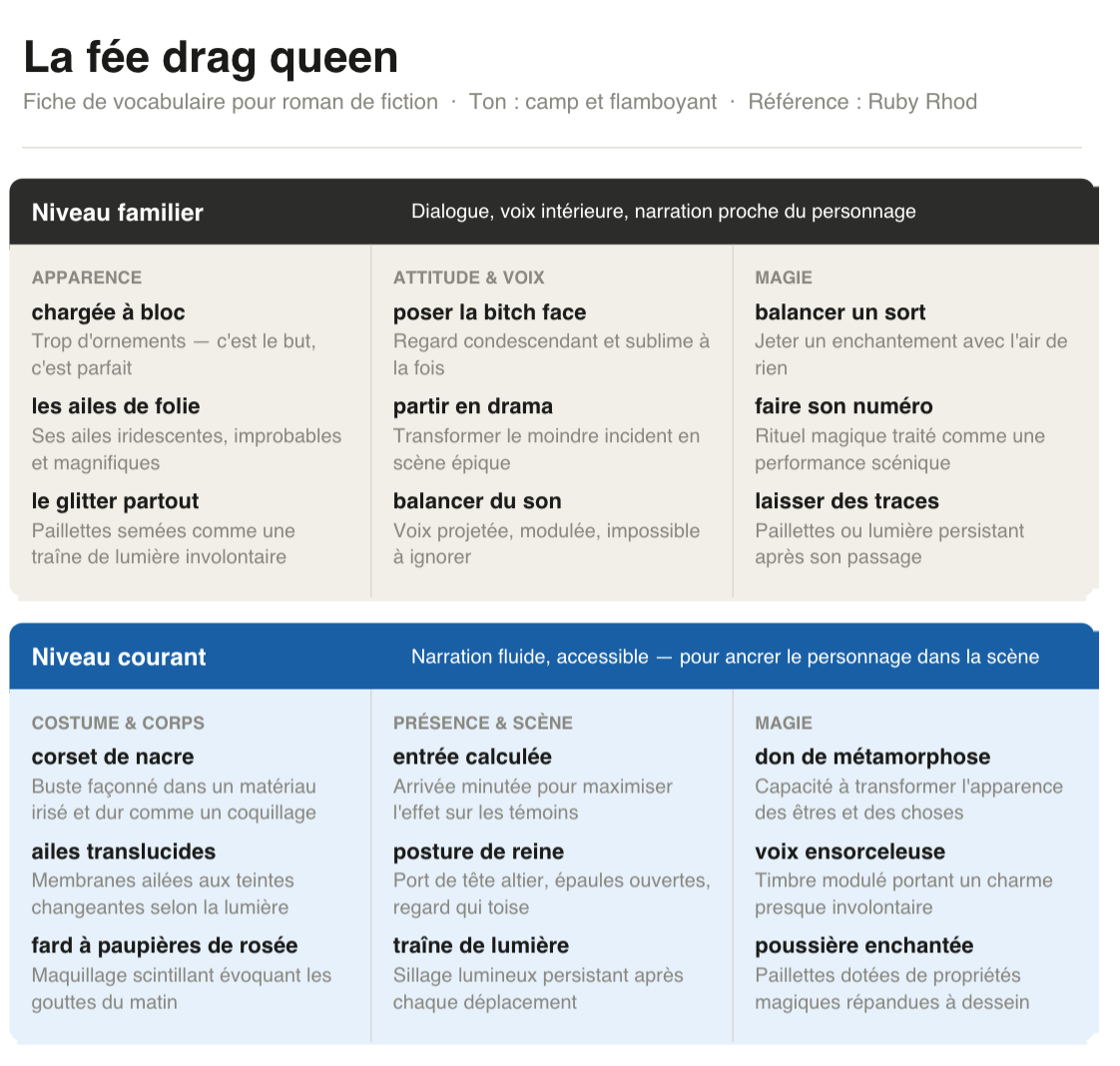 début d'un PDF généré par claude sur le thème "fiche de vocabulaire pour roman de fiction, ton camp et flamboyant, référence Ruby Rhod