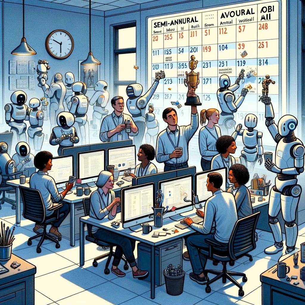 Robots and humans working together in an office environment with a big semi-annual calendar up on the wall. They're holding up trophies from prior wins.