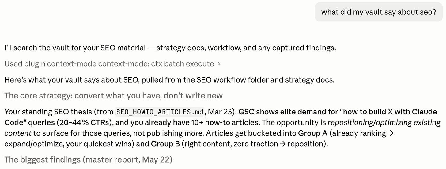 Claude answering “what did my vault say about SEO?”, pulling the strategy, the exact numbers, and the file each one came from.