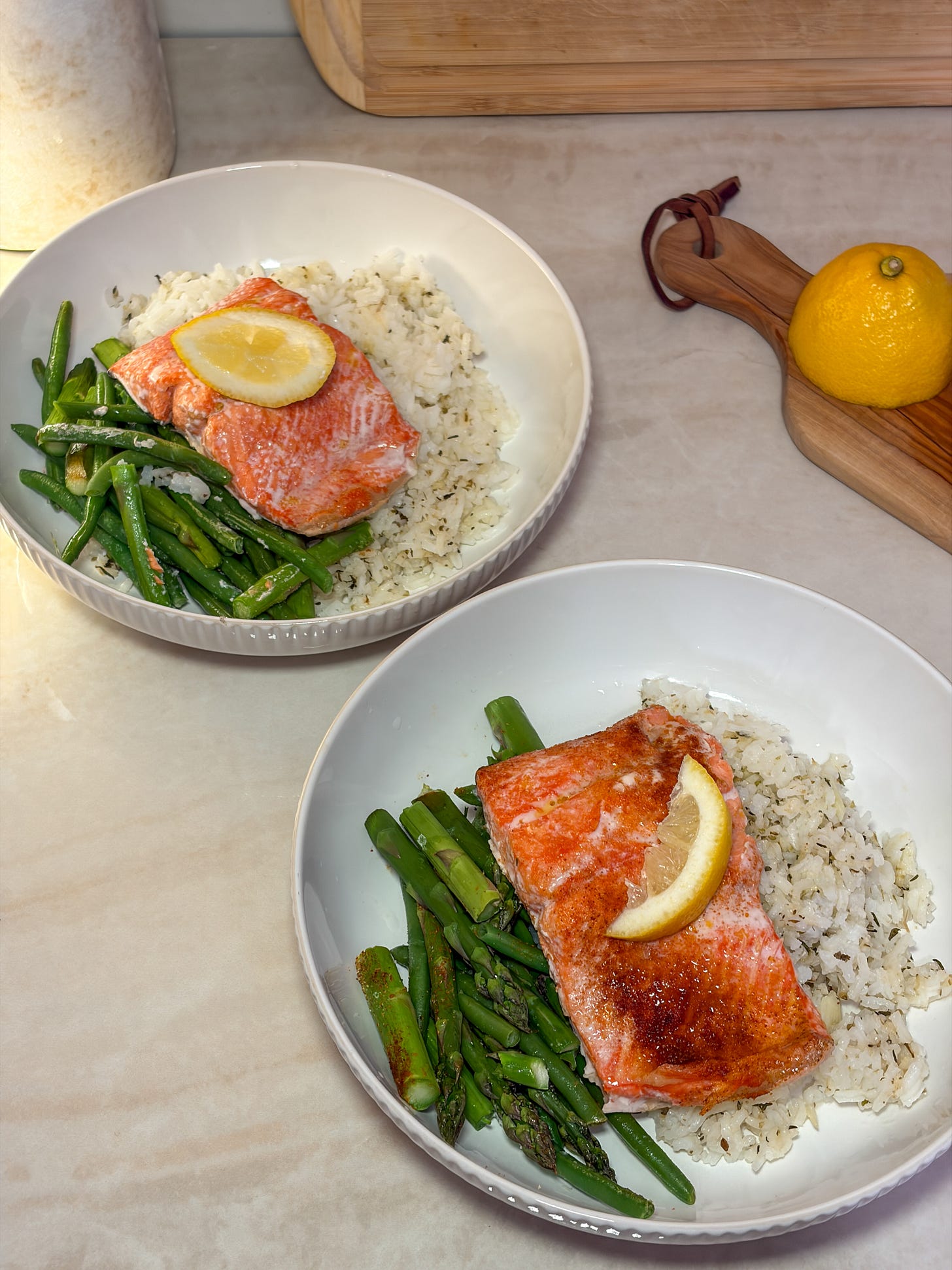 salmon bowls with herby rice and asparagus