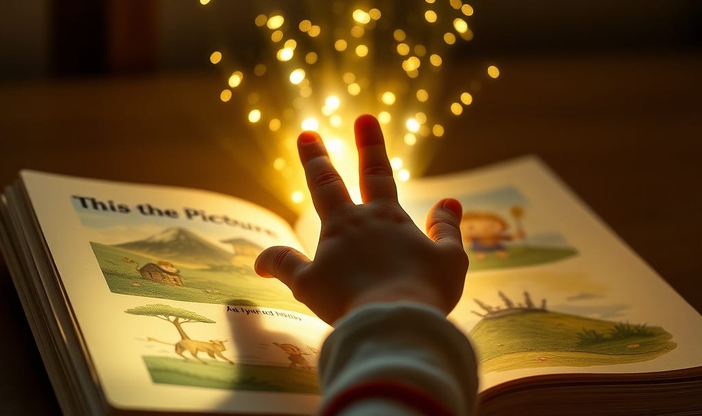 Child's hand reaching toward an open children's book glowing with golden light and sparkles, pages showing colorful illustrations of animals and nature, symbolizing wonder and inner worth emerging from a story. Child's hand reaching toward an open children's book glowing with golden light and sparkles, pages showing colorful illustrations of animals and nature, symbolizing wonder and inner worth emerging from a story.