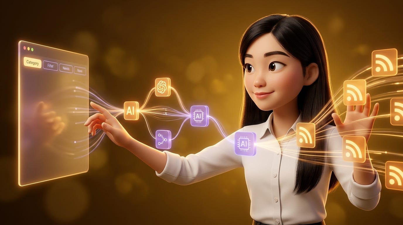 Pixar-style 3D illustration of Jenny Ouyang from Build to Launch orchestrating an AI data pipeline — RSS feed cards on the right flowing through AI processing nodes into a filterable dashboard on the left, representing building an AI digest app from planning to deployment | Build to Launch