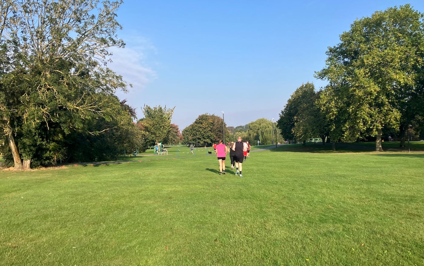 Runners on a wide grassy area