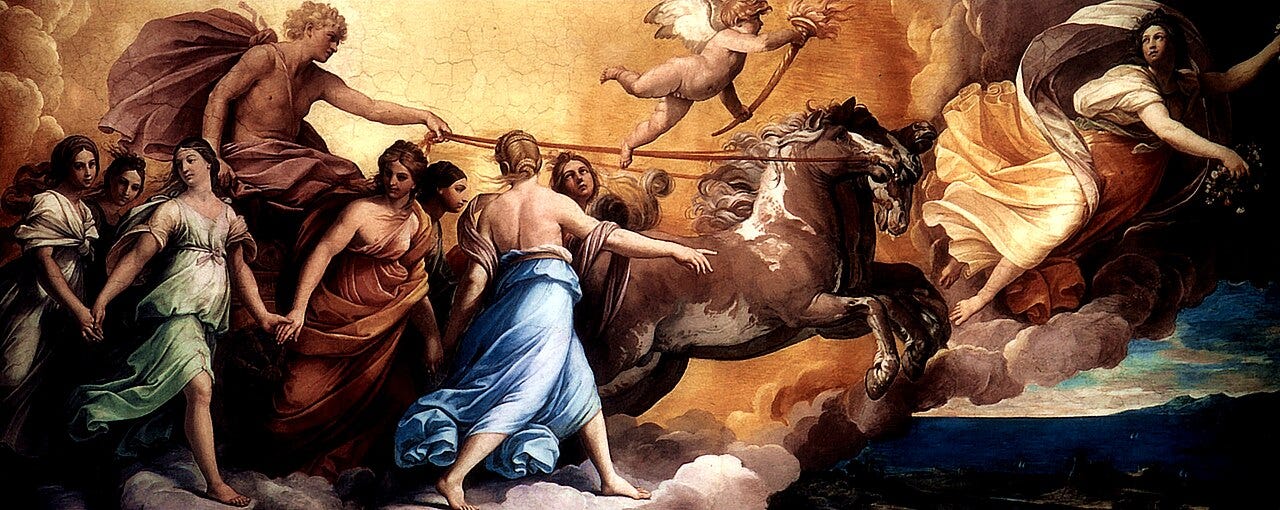 Guido Reni, Aurora, Apollo's chariot surrounded by the dancing Hours, with Aurora flying ahead Guido Reni, Aurora, Apollo's chariot surrounded by the dancing Hours, with Aurora flying ahead
