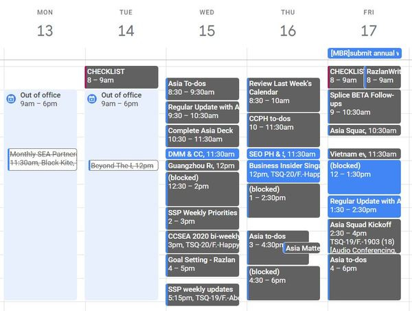 A real snapshot of my calendar from last week.