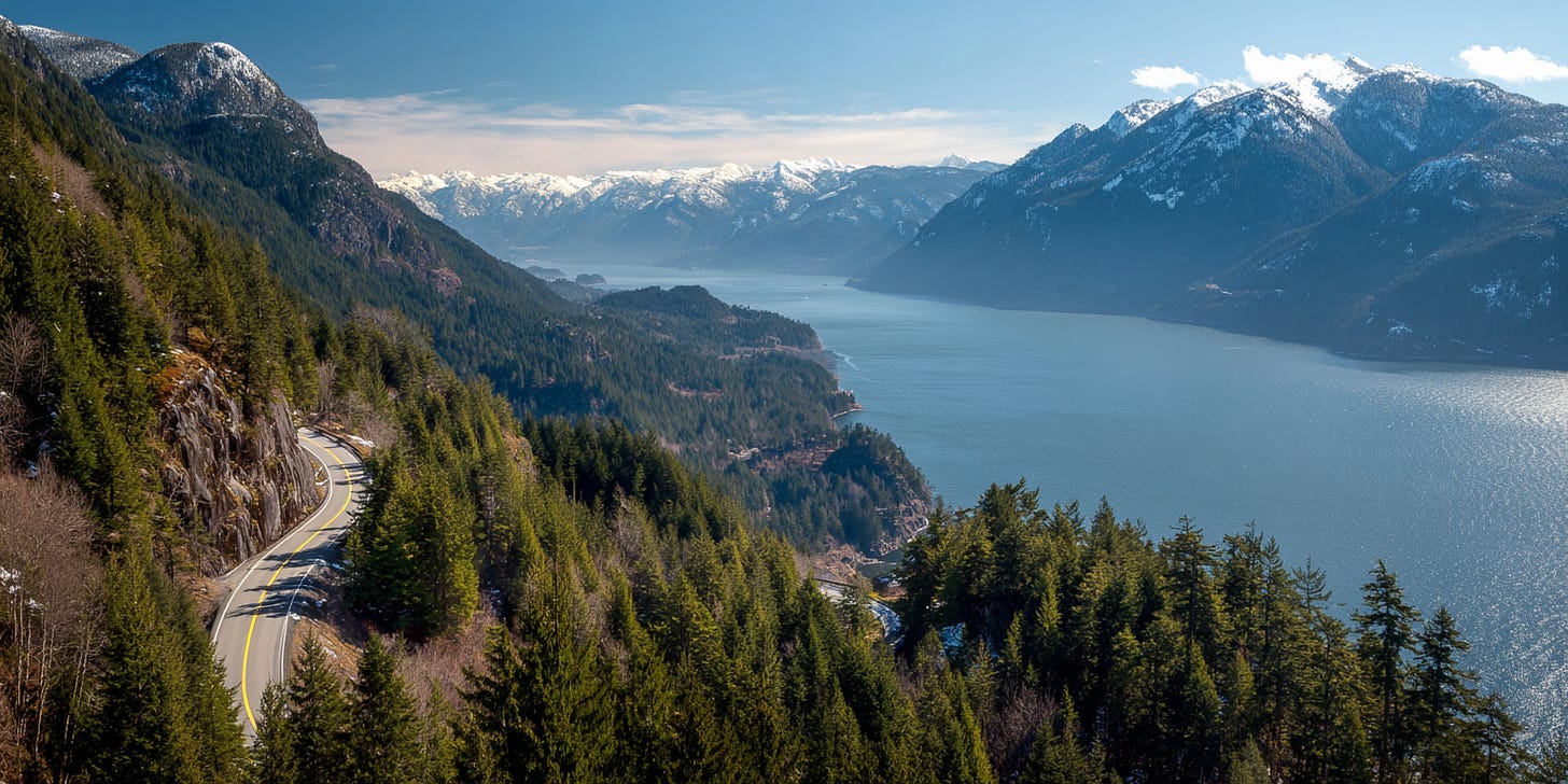 A breathtaking viewpoint along the Sea to Sky Highway, overlooking Howe Sound, with a winding road, dense forests, and snow-capped mountains in the background. A breathtaking viewpoint along the Sea to Sky Highway, overlooking Howe Sound, with a winding road, dense forests, and snow-capped mountains in the background.