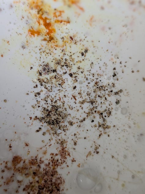 This is about how much pepper I've been using per batch of this size. Can't taste it at all. Also I've been enjoying this spice-grinder for whole spices like cinnamon sticks and cardamom pods. Next this is about the color yellow (with an ever-so-slightly green tinge) that I've been getting.