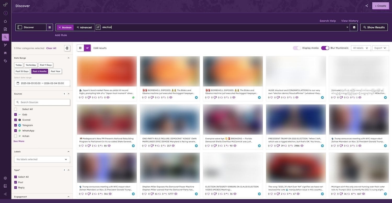 A screenshot of search results from Open Measures’ Discover tool with “Blur thumbnails” enabled, with all resulting images blurred, a feature designed to prevent users from automatically seeing violent or disturbing content.