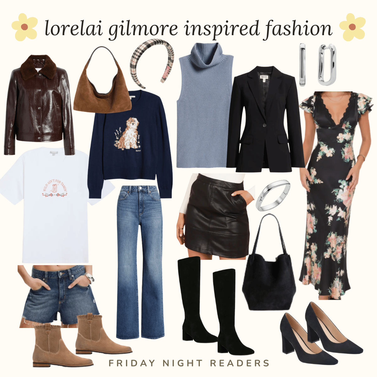 collage of lorelai gilmore inspired fashion.