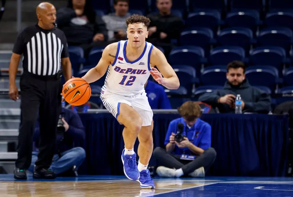 Men's Basketball vs. Southern Indiana - Image 4: Jacob Meyer dribbling up  the court - DePaul University