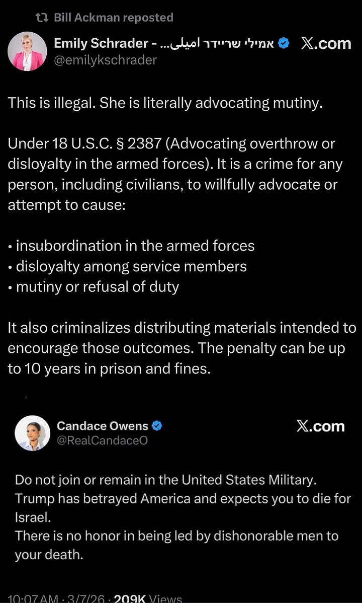 Emily Schrader — a public  Israeli Unit 8200 intelligence operative — attacks Candace Owens for opposing another U.S. war for Isræl, and Bill Ackman amplifies the strike. In one frame, the hierarchy becomes visible: an Israeli intelligence voice policing an American citizen, and a billionaire donor choosing the foreign narrative over the woman Charlie Kirk defended until his final days.