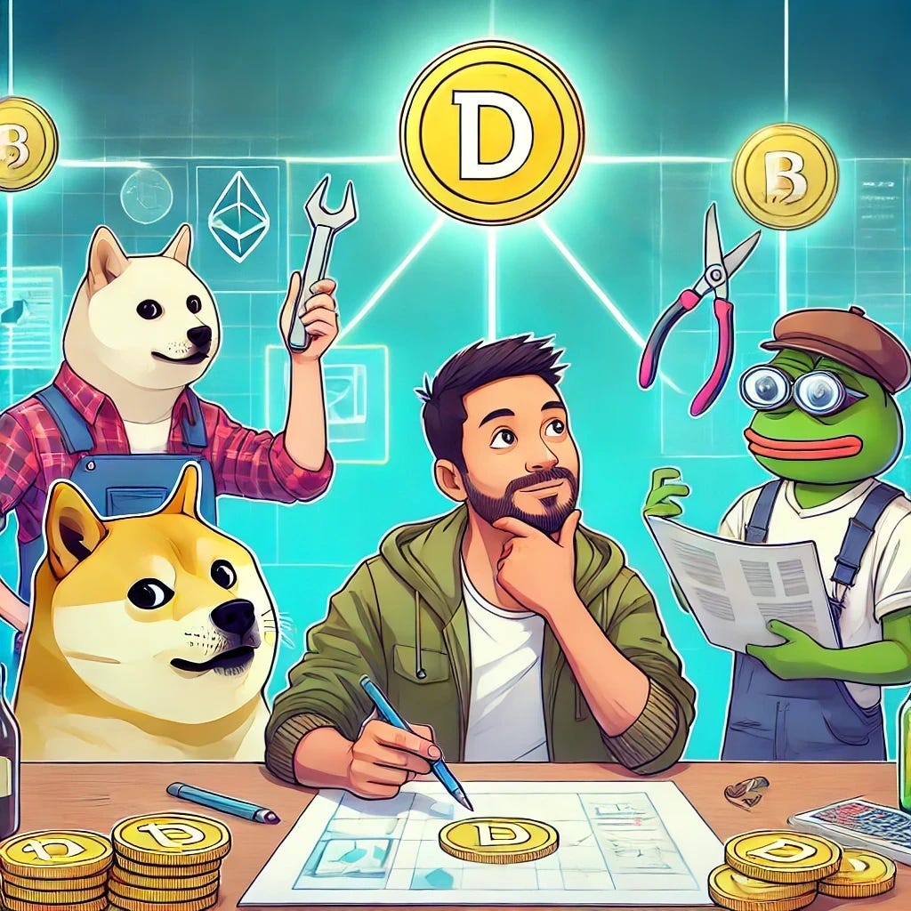 A digital illustration showing characters inspired by popular memecoins like Doge and Pepe collaboratively working on a project, symbolizing the concept of designing with utility as a core focus. The characters are focused and curious, engaged in a creative process that highlights purpose and practicality. The background is bright and energetic, suggesting innovation and future-oriented design. No text or symbols included.