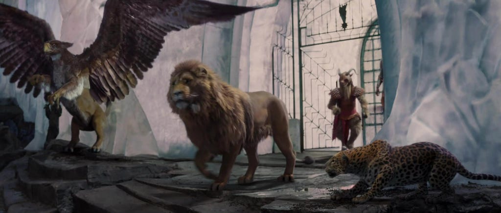 Aslan invades the White Witch’s castle to free the stoned prisoners.