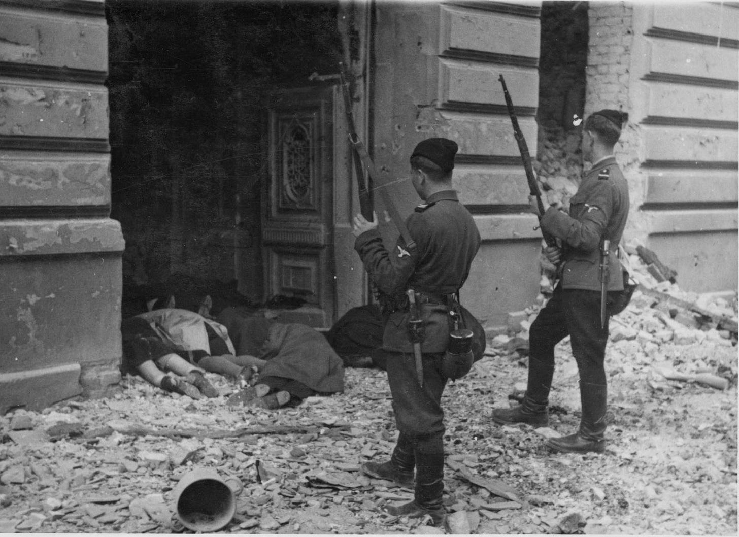 Trawniki men (Eastern European collaborators of the German occupation in Poland) during the destruction of the Warsaw Ghetto, April/May of 1943