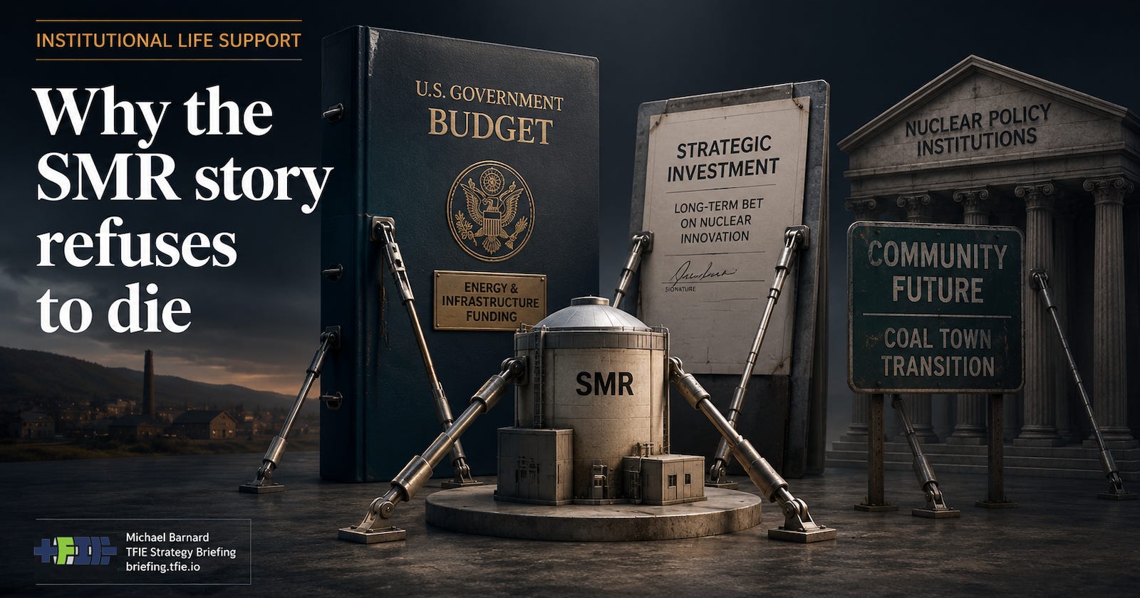 SMRs persist because the story has institutional support, even when the delivery case remains weak.Hero graphic showing a small modular reactor model held upright by supports connected to government funding, strategic investment, nuclear policy institutions and coal-town transition hopes, with the headline “Why the SMR story refuses to die.”