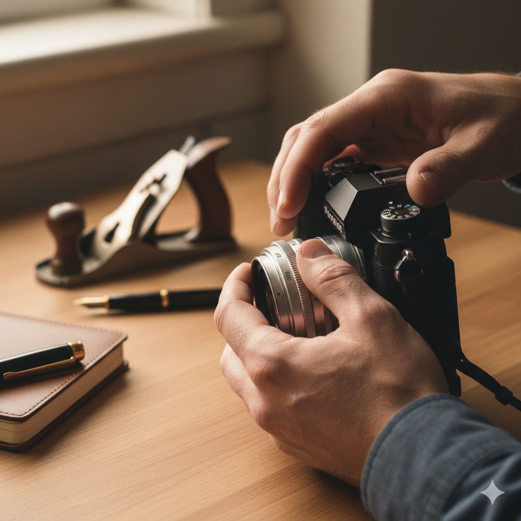 Mid-career solopreneur using professional tools at a work desk, representing skilled expertise AI cannot replace for Gen X entrepreneurs Mid-career solopreneur using professional tools at a work desk, representing skilled expertise AI cannot replace for Gen X entrepreneurs