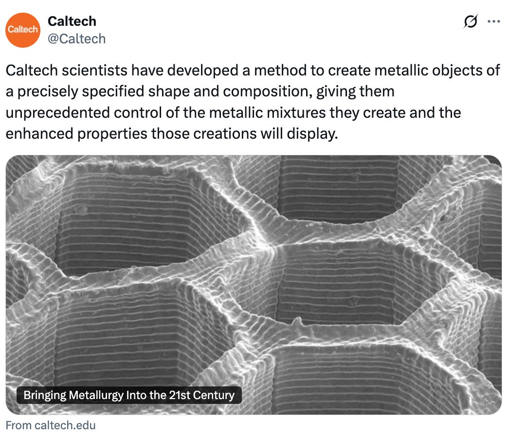   See new posts Conversation Caltech @Caltech Caltech scientists have developed a method to create metallic objects of a precisely specified shape and composition, giving them unprecedented control of the metallic mixtures they create and the enhanced properties those creations will display. From caltech.edu
