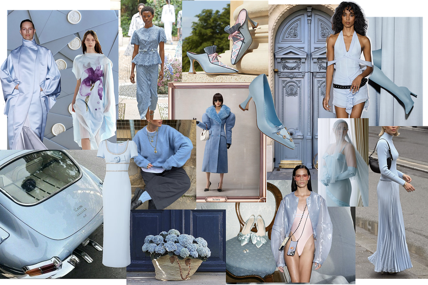 Images of baby blue outfits, accessories, and inspo