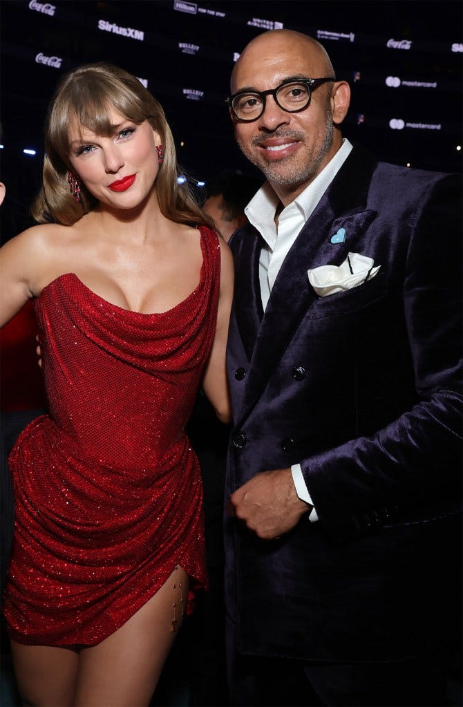 LOS ANGELES, CALIFORNIA - FEBRUARY 02: (L-R) Taylor Swift and Harvey Mason jr., CEO, MusicCares & Recording Academy attend the 67th Annual GRAMMY Awards at Crypto.com Arena on February 02, 2025 in Los Angeles, California.  (Photo by Emma McIntyre/Getty Images for The Recording Academy)
