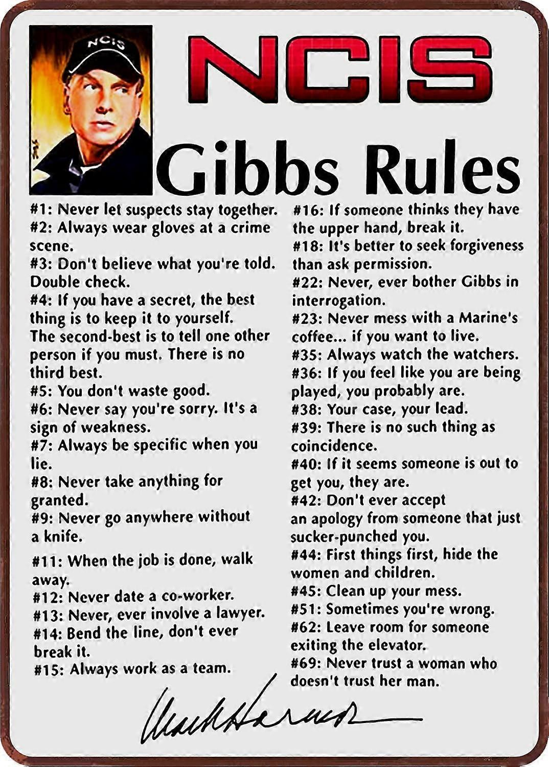 NCIS Gibbs Rules Leroy Jethro Gibbs Signature Funny 69 Rules Tin Metal Sign for Man Cave Shop Bar Pub Wall Decor 8x12 Inches