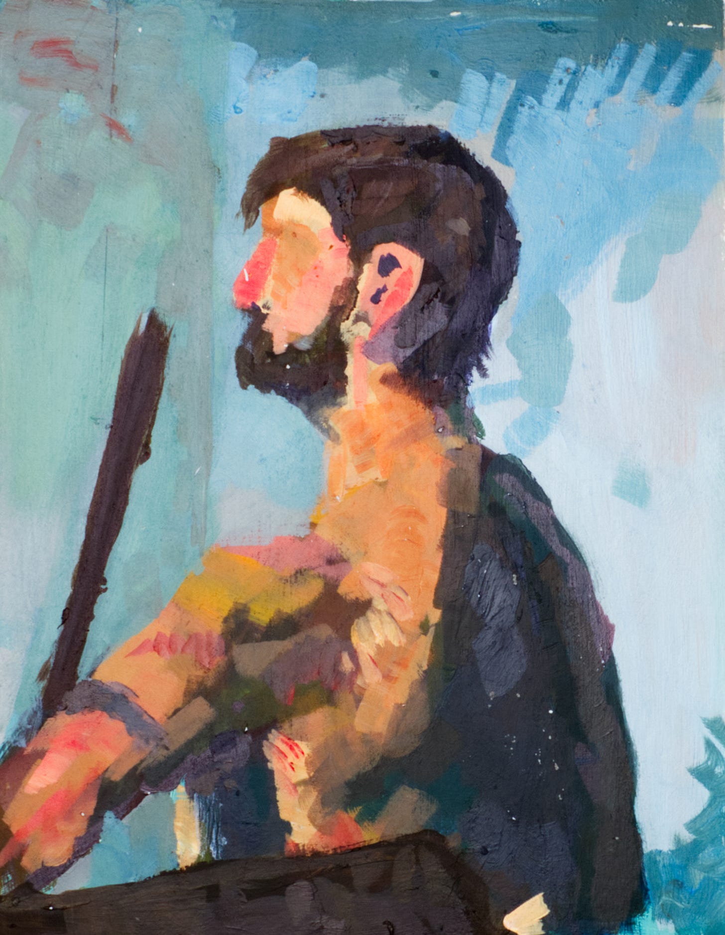 A painting of a person in profile holding a stick. It uses very bright colour and is mostly built of larger blocks of colour with little detail. It's rough looking, like it was painted quicky. A painting of a person in profile holding a stick. It uses very bright colour and is mostly built of larger blocks of colour with little detail. It's rough looking, like it was painted quicky.