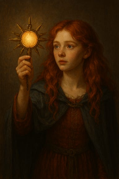 Create a safe, atmospheric fantasy image of Ireena Kolyana, inspired by Tomasin McKenzie but with fiery red hair, holding forth the Sigil of the Sun. She stands in a dim Barovian hall, her red hair glowing like embers in the warm light. The Sigil of the Sun rests in her outstretched hands, shining with a soft, radiant gold glow that illuminates her face and the surrounding stone walls. Her expression is determined and serene, a quiet strength. She wears flowing Barovian clothing in pale rose, ivory, and muted gold tones. The background is dreamlike and misty, with no violence or threatening elements—only an aura of ancient magic and hope.