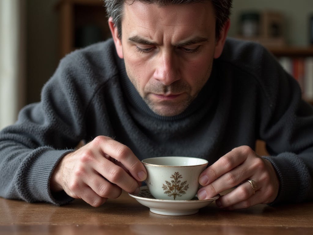 AI-generated image of the author staring into a tea cup AI-generated image of the author staring into a tea cup