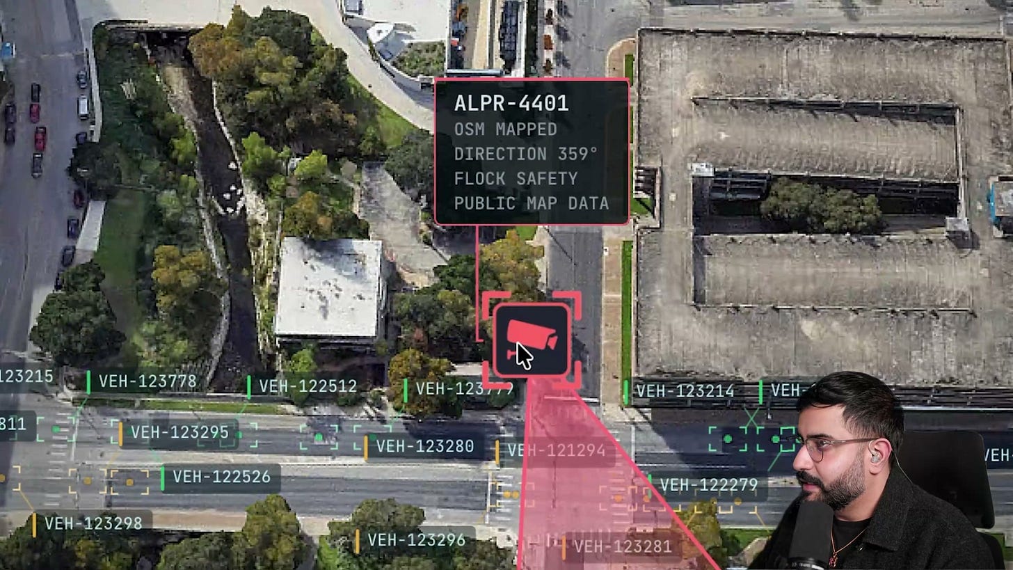 A mapped ALPR camera marker and red directional cone over an Austin street, with an OpenStreetMap information card. A mapped ALPR camera marker and red directional cone over an Austin street, with an OpenStreetMap information card.