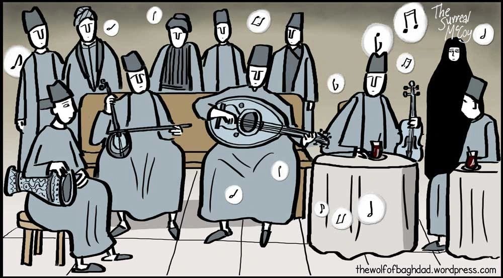 Café Musicians An illustration evoking the rich musical heritage of Baghdad, reflecting Isaacs’ own background as a musician. Café Musicians An illustration evoking the rich musical heritage of Baghdad, reflecting Isaacs’ own background as a musician.