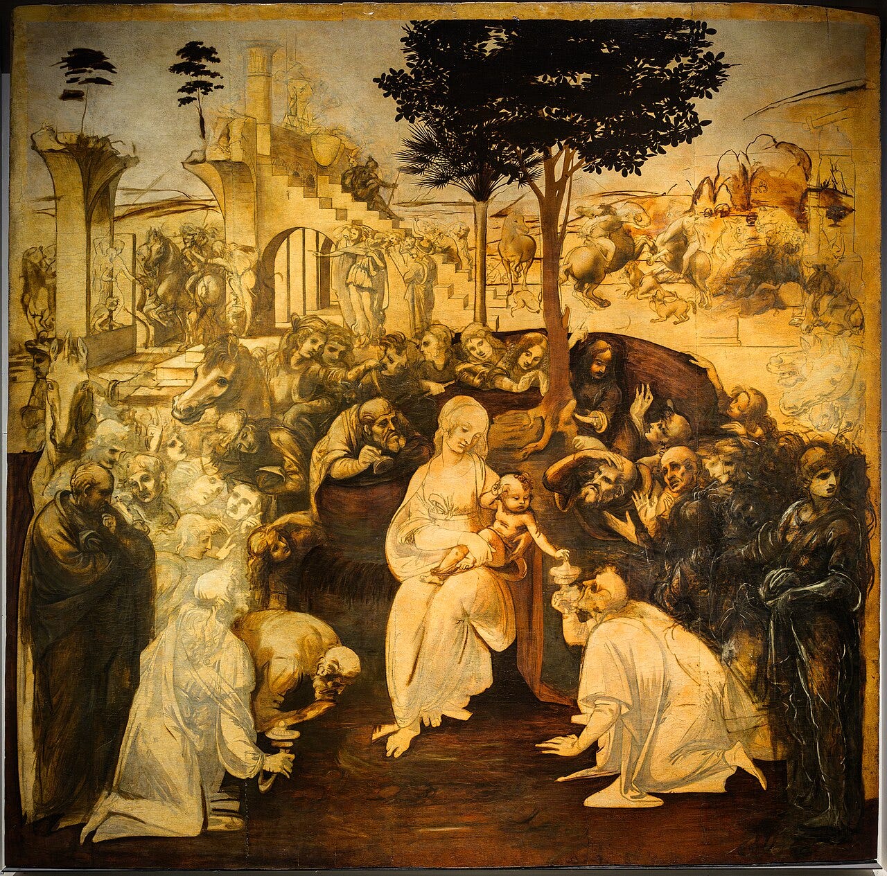 Leonardo Adoration of the Magi unfinished brown underpainting