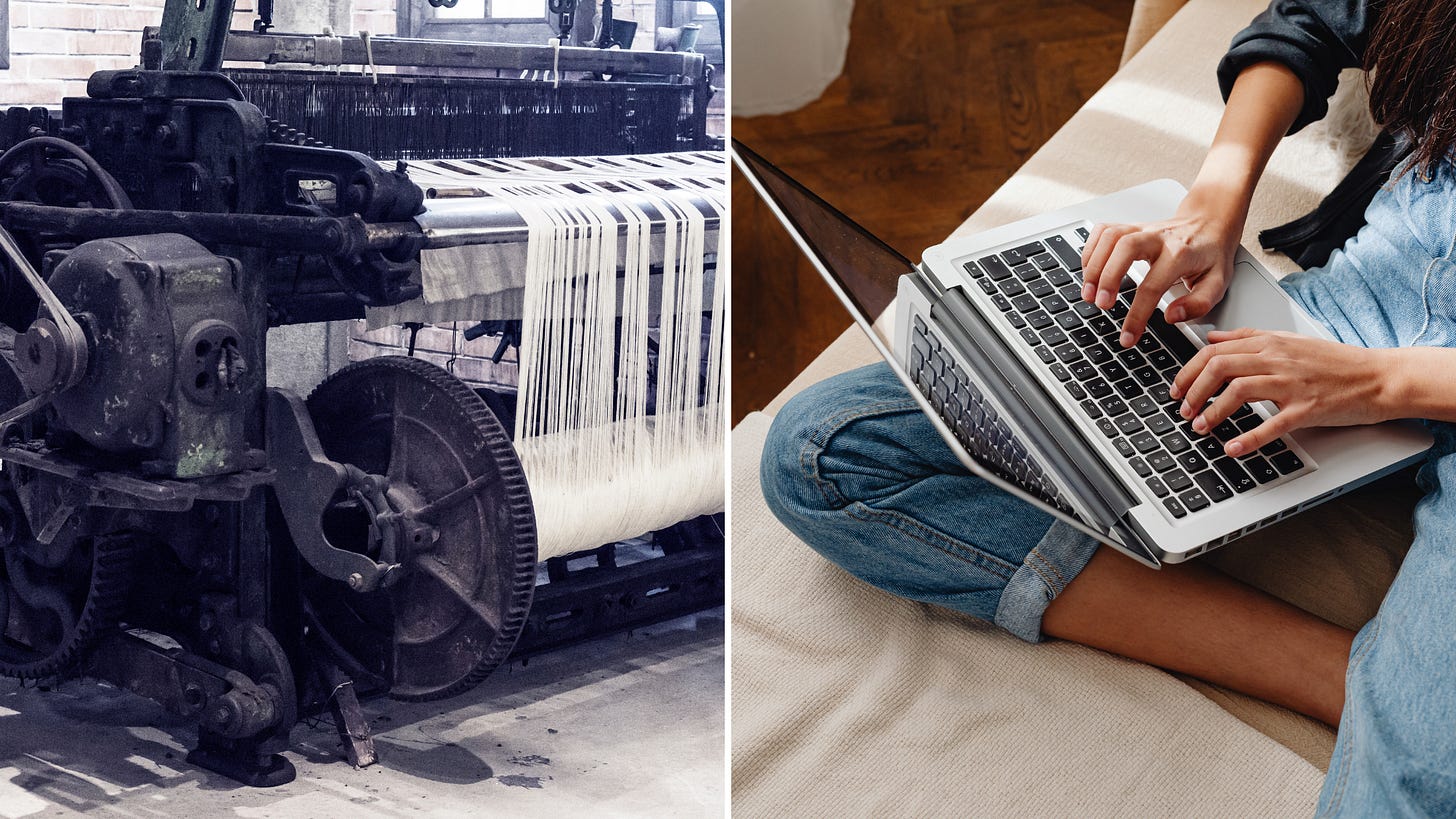 A digital collage showing a historical artisan loom on the left and a modern student using a laptop on the right. Caption: “Different tools, same shift.”