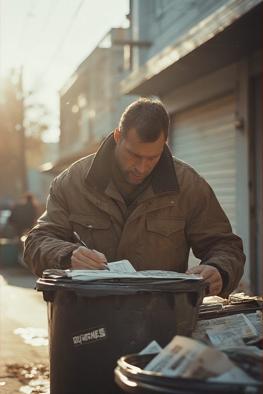 Writer using a bin top as a writing table.