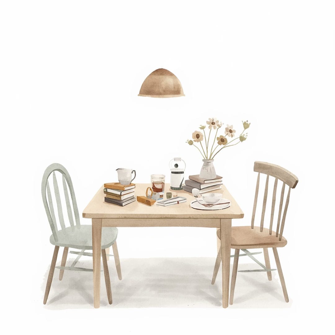 Watercolour illustration of a dining room table with books, tea, a candle. Peaceful homeschool setting.