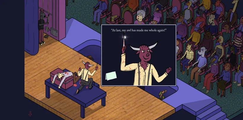 An ox holds a bloodied weapon on stage