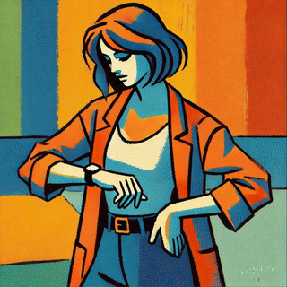 A stylized illustration of a woman looking at her watch, dressed in a casual outfit with an orange jacket, against a colorful backdrop of vertical stripes.