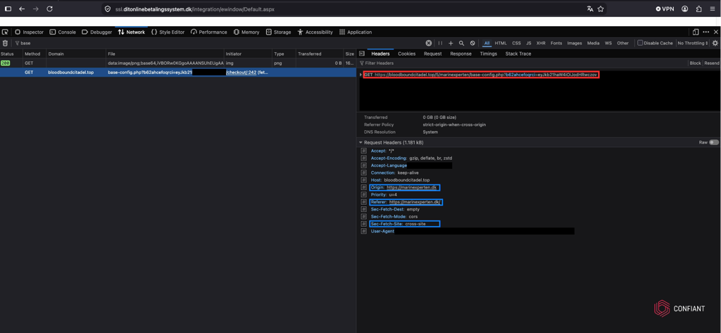 Stolen card data leaving the browser base64-encoded to the attacker's PHP collector
