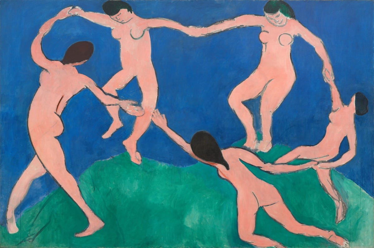 Painting showing five nude figures holding hands in a circle dance against a deep blue background, standing on a patch of green. *La danse* (first version) by Henri Matisse via [Wikimedia](https://en.wikipedia.org/wiki/Dance_(Matisse)#/media/File:Henri_Matisse,_1909,_La_danse_(I),_Museum_of_Modern_Art.jpg)