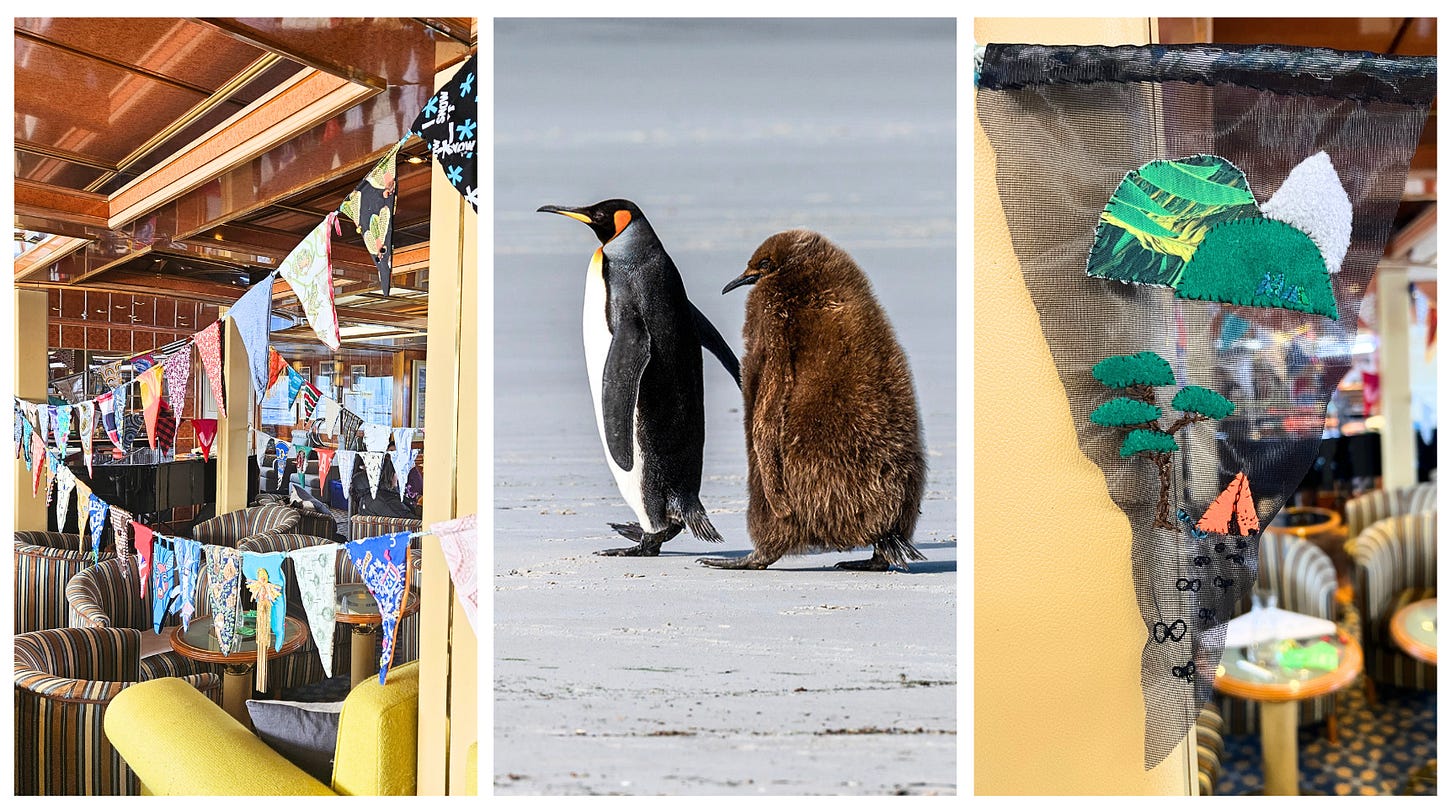 Antarctic expedition collage. A three-part collage showing colourful nautical buntings hanging inside a ship cabin, an adult penguin standing next to a fluffy brown chick on the ice, and a textile artwork depicting a mountain landscape.