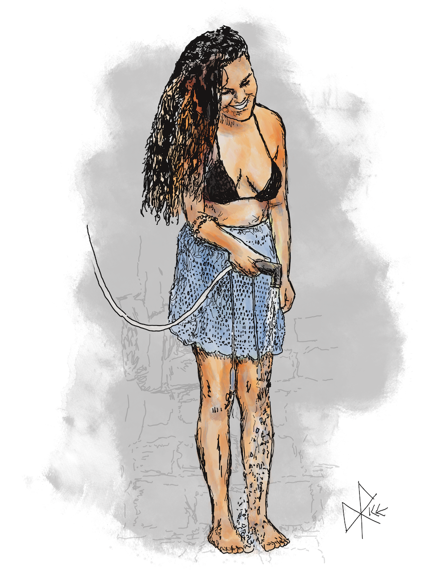 A woman in a bikini and beach skirt uses a public hose to rinse the sand off her body as she prepares to leave the shoreline. Sketch art by Don Rice. A woman in a bikini and beach skirt uses a public hose to rinse the sand off her body as she prepares to leave the shoreline. Sketch art by Don Rice.