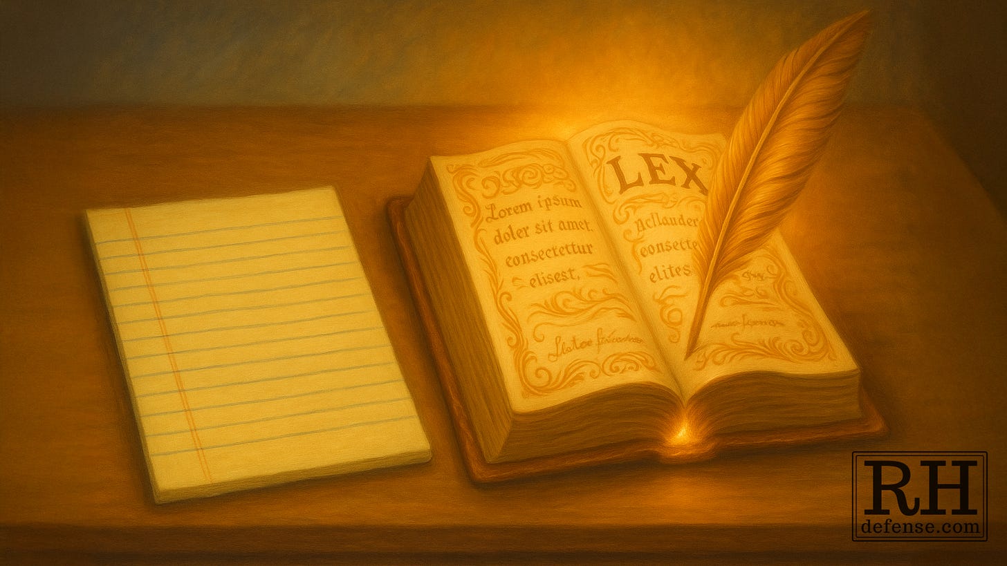 An ornate law book lies open with 'LEX' visible on its pages, accompanied by a quill pen and blank legal pad, representing traditional legal scholarship and human counsel. An ornate law book lies open with 'LEX' visible on its pages, accompanied by a quill pen and blank legal pad, representing traditional legal scholarship and human counsel.