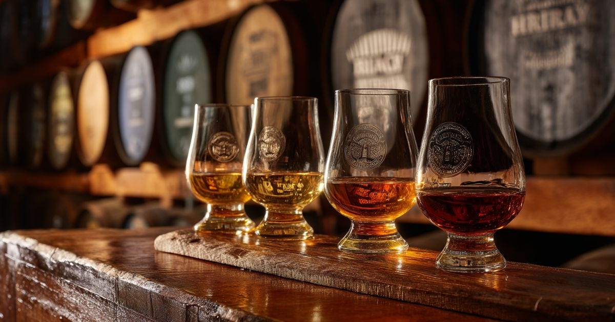 Cask finished whiskey glasses in front of sherry, port, rum, and Mizunara barrels on a warm wooden bar. Cask finished whiskey glasses in front of sherry, port, rum, and Mizunara barrels on a warm wooden bar.