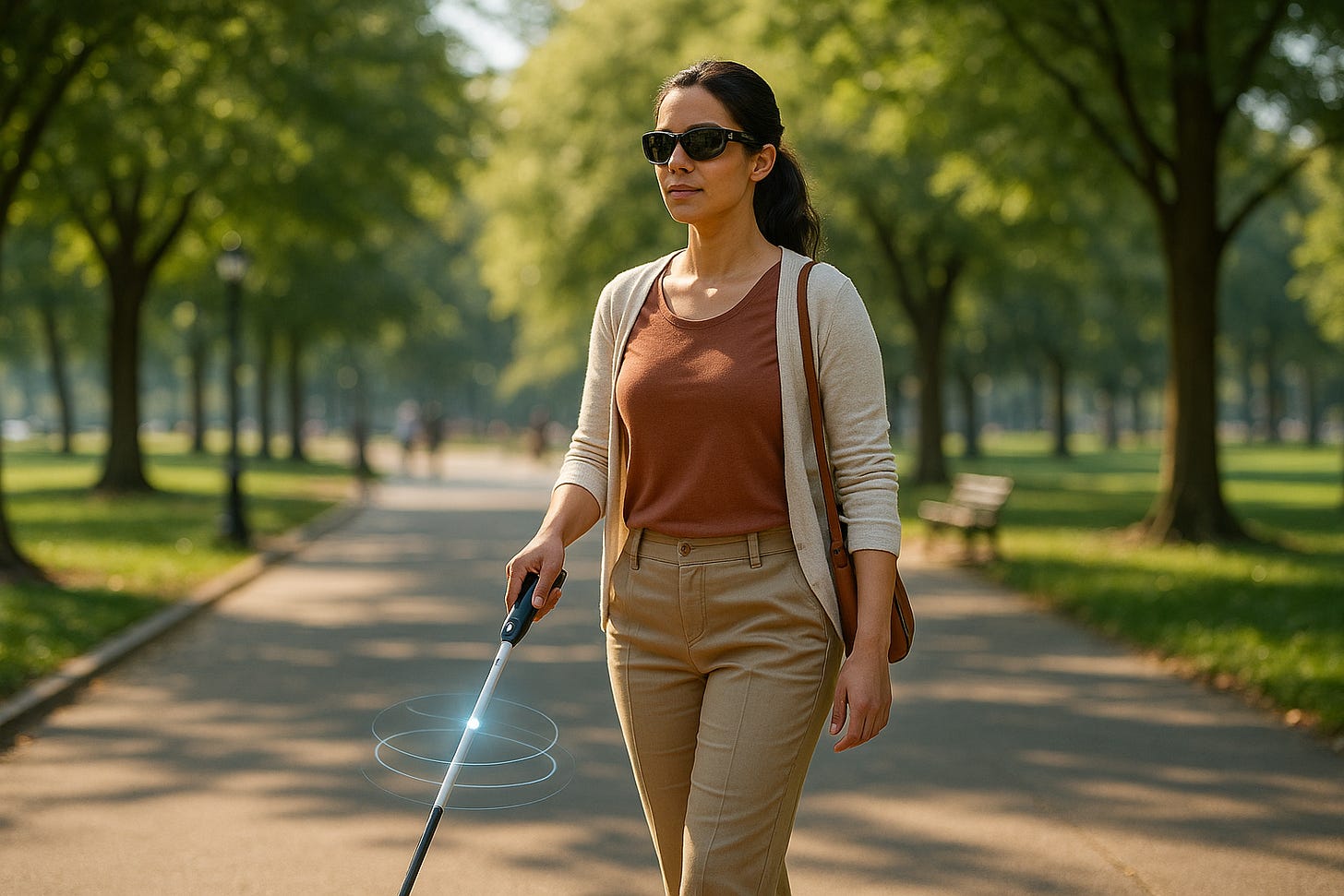 Femeie cu deficiență de vedere plimbându-se cu un baston inteligent cu senzori AI într-un parc urban însorit, radiante discrete de tehnologie ghidându-i pașii.