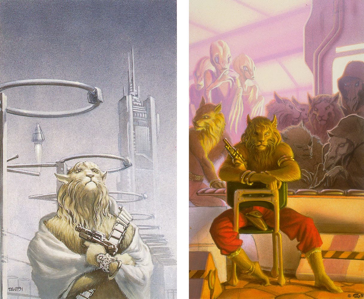 LEFT: Alternate preliminary concept for CHANUR’S BREAKOUT featuring a leonine alien staring up nobly with arms crossed to pull a cloak around it. In one hand it holds a snub-nose laser pistol. An ornate bangle covers that wrist. A single metal bandolier falls across chest on a diagonal. The futuristic background consists of a path of rings overhead. Behind a triangular spaceship blasts off, rising parallel to a tall skyscraper.  RIGHT: Alternate preliminary concept for CHANUR’S BREAKOUT featuring a leonine alien crossing arms over a chair turned backward. It holds a pistol, with finger on the trigger, in one hand. Gold bangles decorate wrist and upper arm. Its red pants fit loosely and end mid calf. An assortment of aliens fill the futuristic tavern in the background.