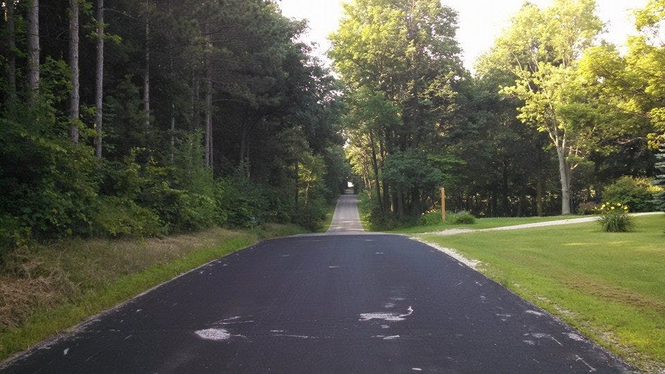 A long empty black road stretching out ahead through and archway of tall green trees on either side. A long empty black road stretching out ahead through and archway of tall green trees on either side.