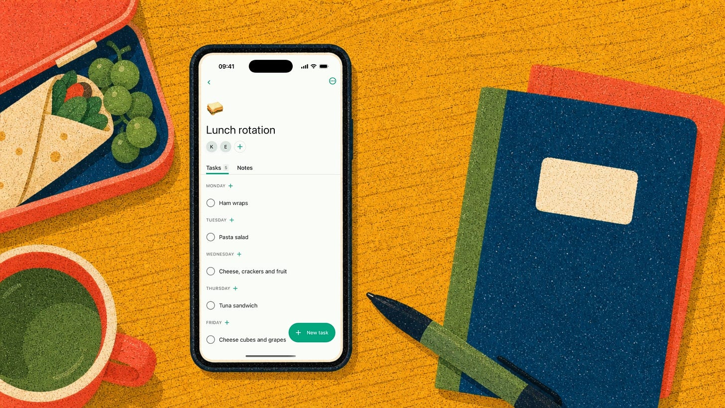 A shared lunch rotation list in the Do Everything app with a section for each school day — organising family life