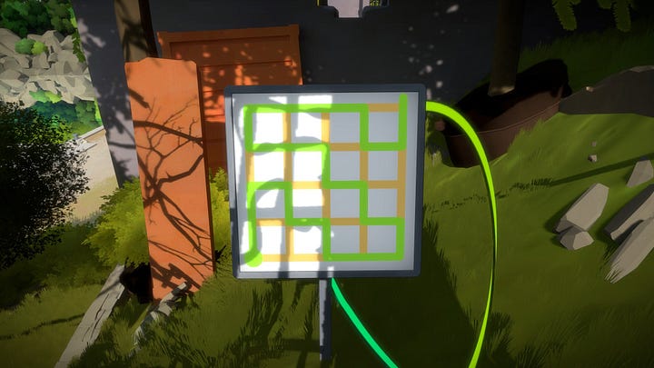 A screenshot from The Witness showing the reflection of the island creating a silhouette together with the island.;A screenshot from The Witness showing the bay location of the island; A screenshot from The Witness showing how shadows can play a role in solving the puzzle panel; A screenshot from The Witness showing how shadows can play a role in solving the puzzle panel