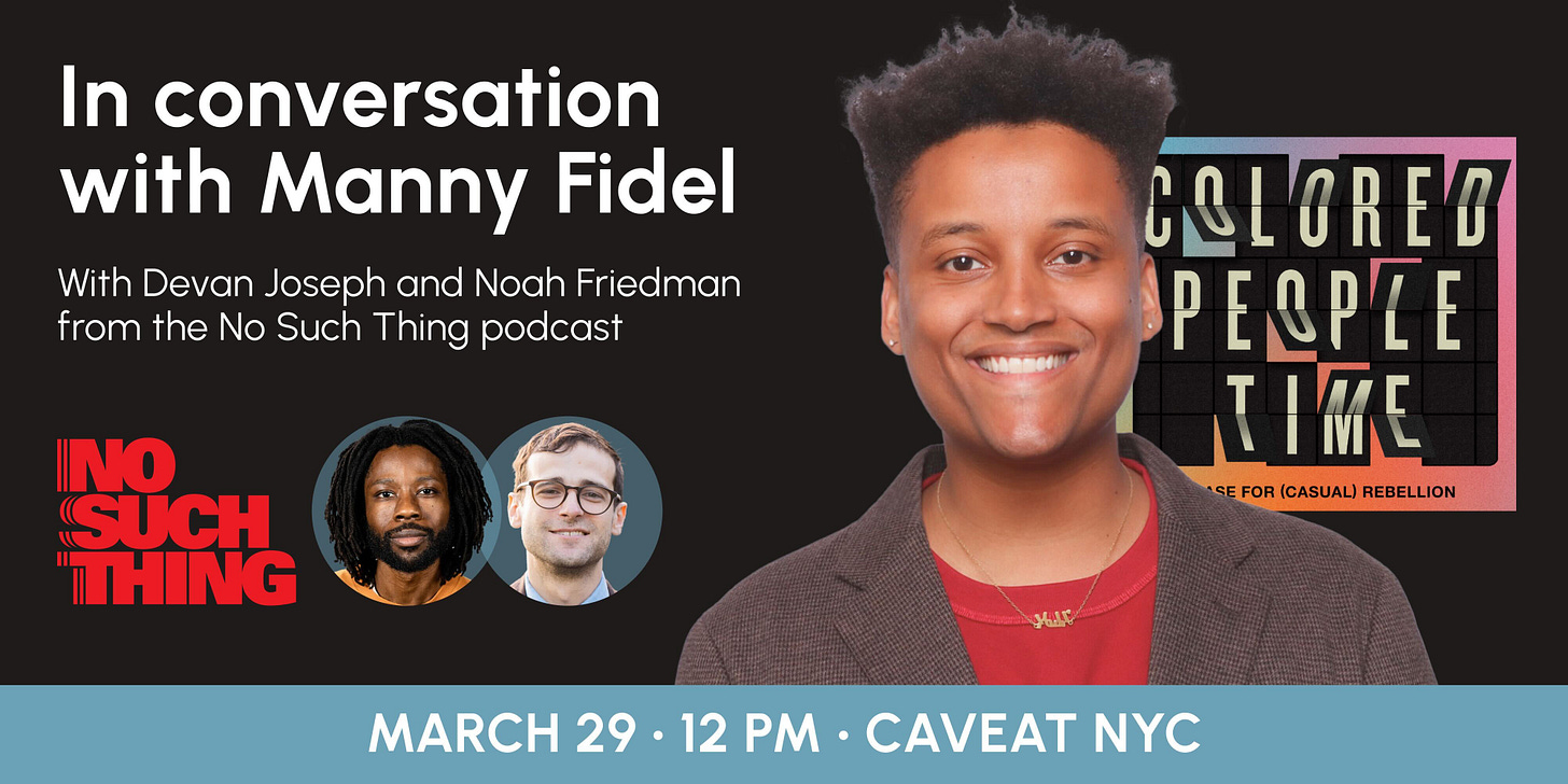 Flier for NST x Manny's Book event at Caveat, NYC: March 29 @ 12pm