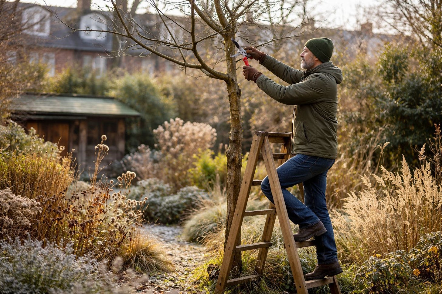 Pruning a Tree in an Urban Rewilding Garden in Winter Pruning a Tree in an Urban Rewilding Garden in Winter